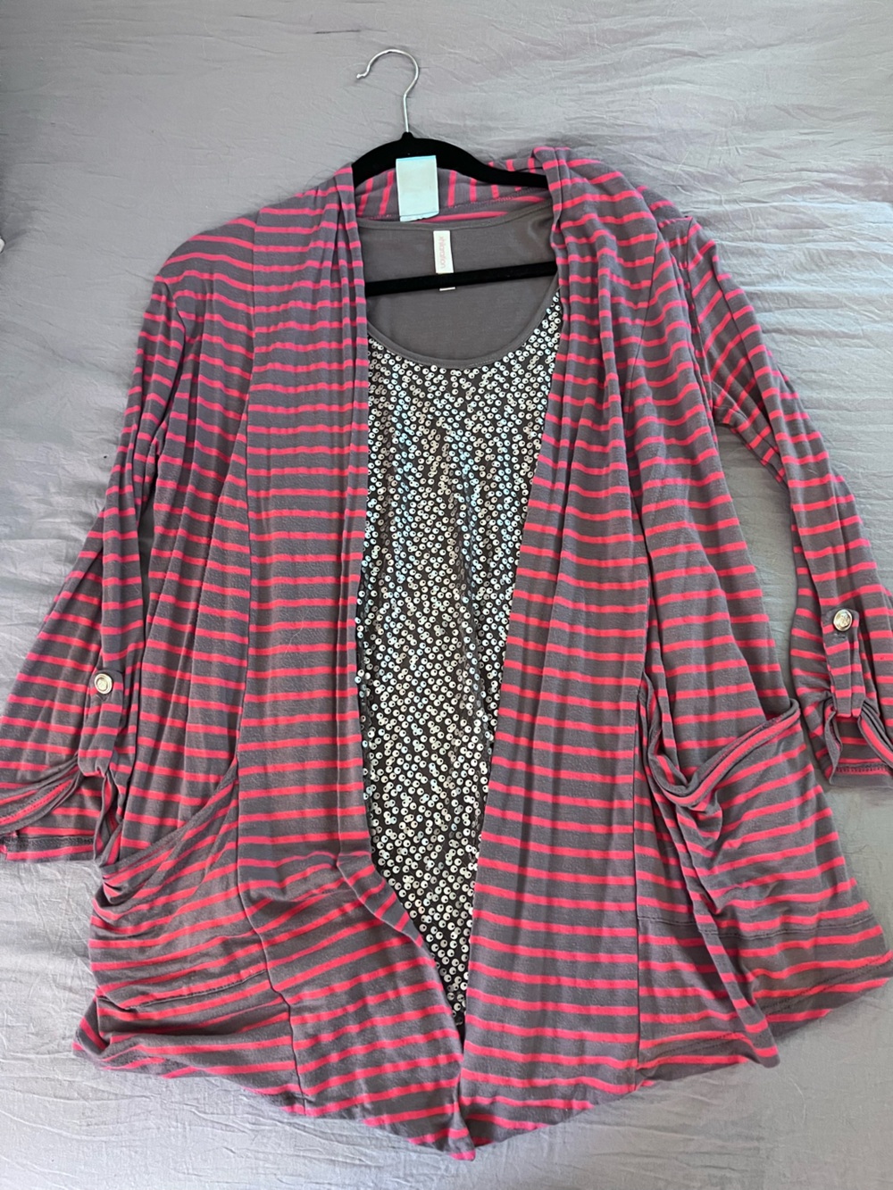 Striped Pink and Gray Open Cardigan with Sequin Tank